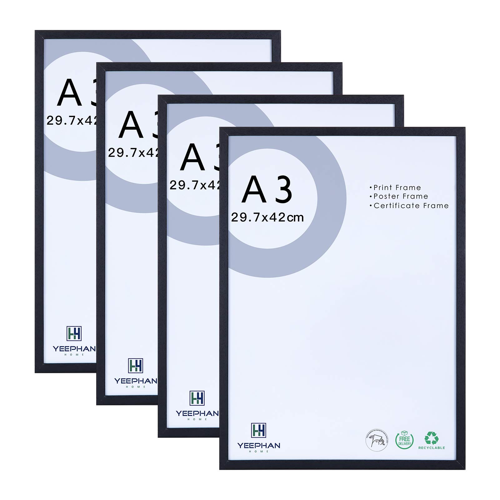 A3 Photo Frames Black Set of 4-29.7x42cm Solid Wood Picture Frames with Plexi-glass Front for Certificate/Picture/Poster/Paintings,Wall Mount for Wall Decor