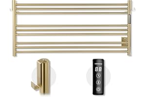 K&KALONZO Towel Warmer for Bathroom, Wall-Mounted 9-Bar Heated Towel Rack with Built-in Timer, Waterproof Electric Towel Heater, Support Plug-in and Hardwired, Brushed Gold, EL13L