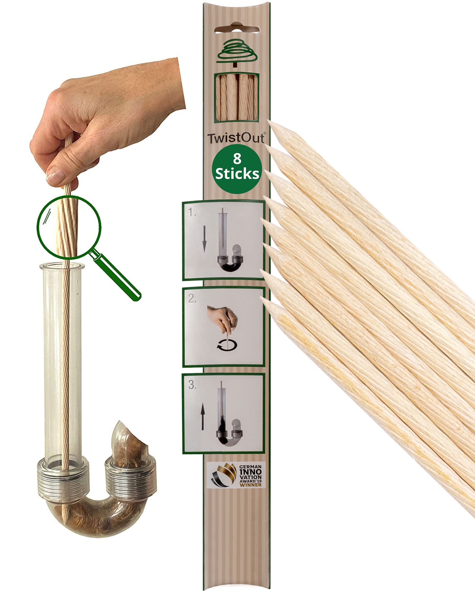 TwistOut Drain Cleaner, Pack of 8, Sustainable Pipe Cleaning Spiral Made of Wood for Ecological Pipe Cleaning, Effectively Removes Blockages in Drain and Pipes, 100% Free from Chemicals and Plastic