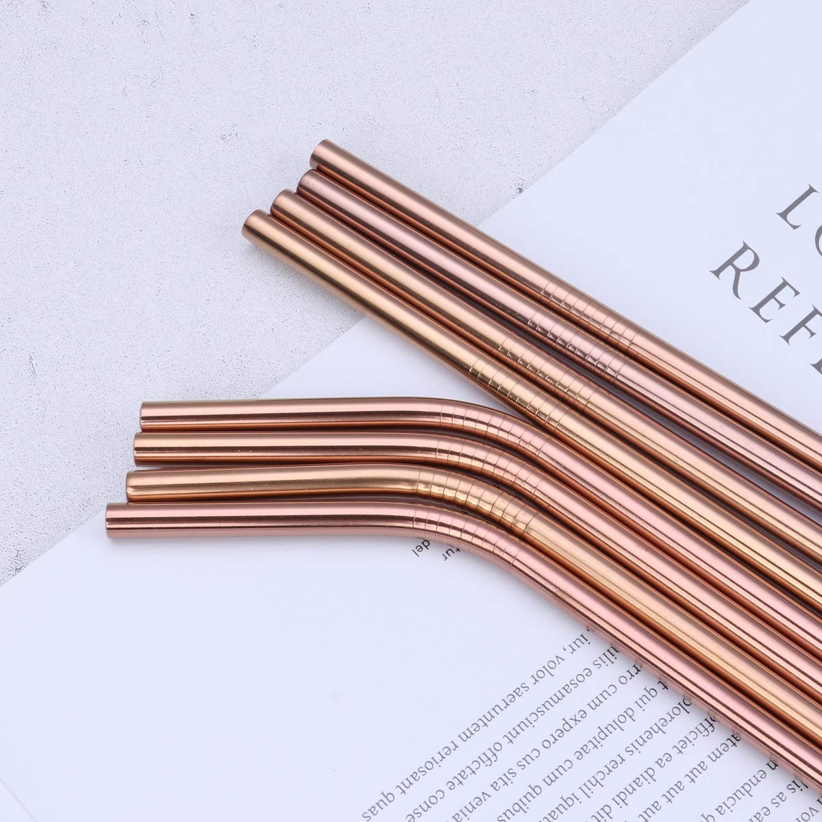 18 Piece Copper Stainless Steel Straws, 8.5 '' Reusable Rose Gold Drinking Straws,with Portable Pouch (8 Straight/8 Bent/2 Brushes)