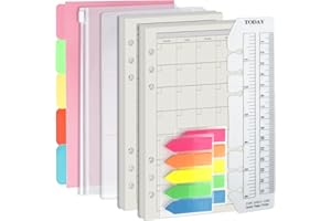 Harphia A6 6 Holes Binder Refill Value Set, 90Sheets Monthly Planner Insert, 5 Sheets Divider Paper, Today ruler With Inch Unit, Translucent Zipper Bag, Pvc Card Bag, 200Pcs Colorful Index Stickers