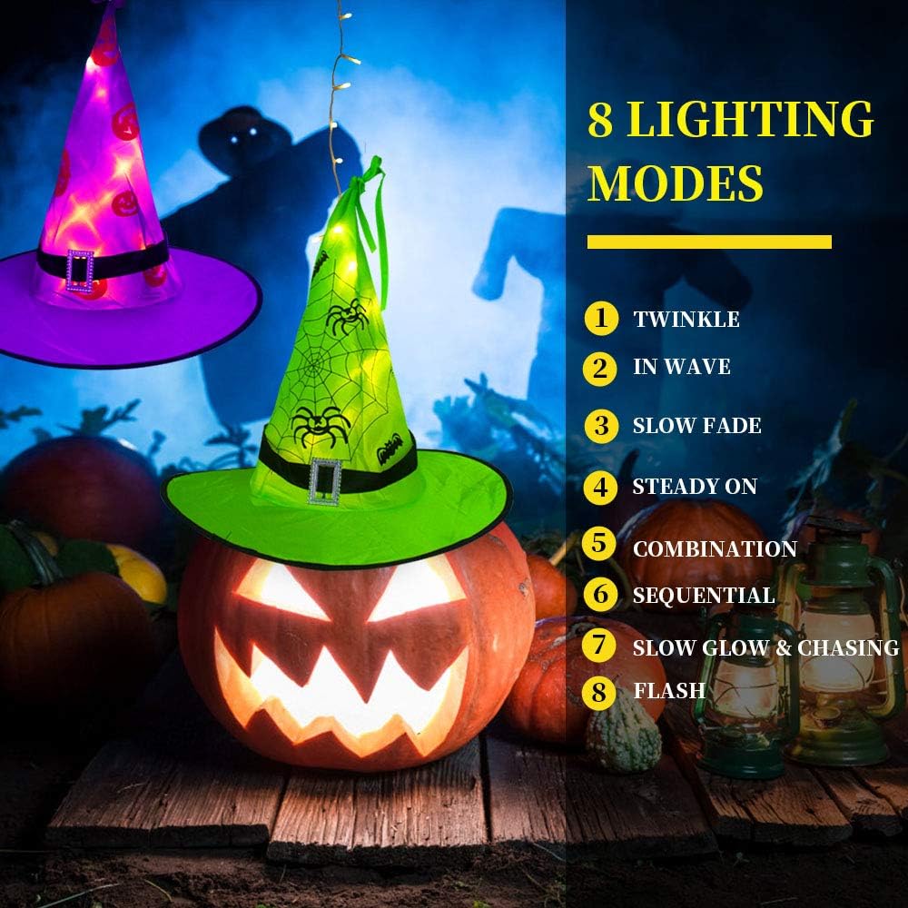 MZD8391 Halloween Decorations Lighted Witch Hats, 8Pcs Hanging Glowing Witch Hats 44ft Halloween Outdoor Lights String with 8 Lighting Modes for Outdoor, Garden, Yard, Tree: Home Improvement