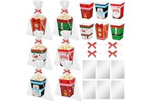 Colarr 24 Set Christmas Popcorn Boxes Holiday Popcorn Paper Boxes Christmas Movie Night Buckets Treating Containers with Plastic Bag and Ribbon for Xmas Candy Cookie Snack Movie Night Party Decoration