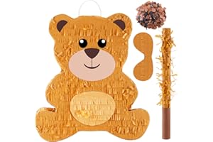 Lewtemi 14.5 Inch Bear Piñata Bear Themed Birthday Party Supplies Animal Piñata with Wood Bat Stick, Paper Blindfold and Confetti for Valentine Baby Shower Party Decor Kid Adult Boy Girl