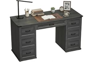 HOMCOM 55" Farmhouse Executive Desk, Computer Desk with Drawers, Study Table for Home Office, Bedroom, Black Wood Grain