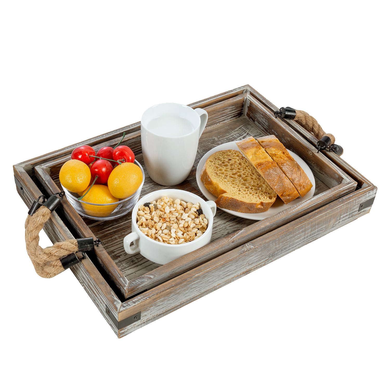 Photo 1 of MyGift 2 Piece Set Rustic Torched Wood and Black Metal Decorative Nesting Serving Trays with Rope Handles for Breakfast in Bed, Coffee Table, Ottoman Decor