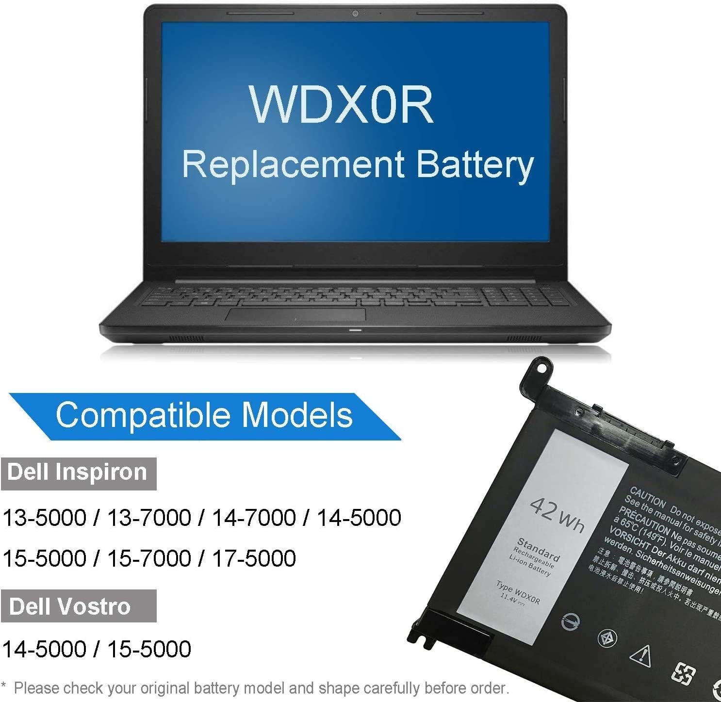 WDX0R WDXOR Battery for DELL Inspiron 15 7579 7573 7560 7569 7570 7580 5565 5567 5568 5570 5578 5579 5770 7586 13 7375 7368 7378 5368 5378 5379 17 5765 5767 5775 Latitude 3189 3580 3Cells 42Wh 11.4V - Image 5