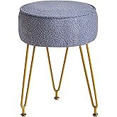 IBUYKE Teddy Velvet Round Footrest Stool Ottoman, Makeup Vanity Stool Side Table, Velvet Dressing Table Seat, Pouf Couch Stool, for Living Room Bedroom, Gray Blue WBD009BU