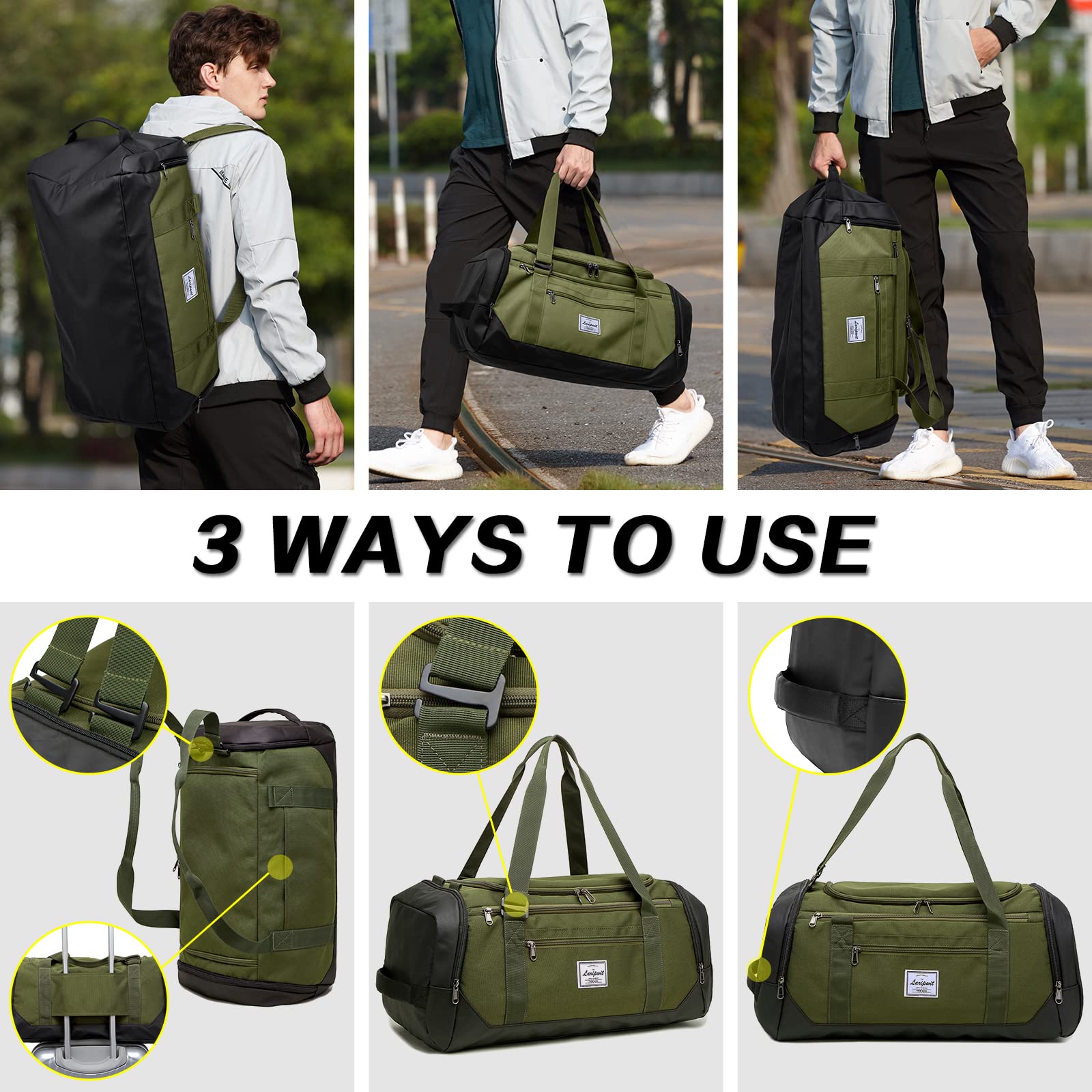 Laripwit Reisetasche Herren 40L Mittelgroß Sporttasche mit Schuhfach und Nassfach Weekender Travel Tasche Rucksack für Reisen Duffel für Damen, Armeegrün 3