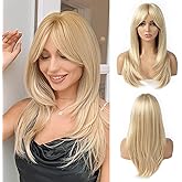 TuTive Blonde Wigs for Women Layered Wig With Bangs 22 Inch Shoulder Length Mixed Color wig Natural Looking Synthetic Hair Wig for Daily Party Use(Blonde Mixed)