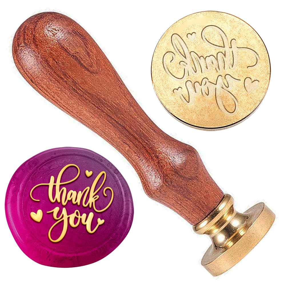 DELORIGIN 1" Brass Wax Seal Stamp Head with Wooden Handle, Thank You Words, Removable, Embossed, Clear, Paper, Metal Compatible, Craft, Invitations, Envelopes, Gift Packing, Decoration