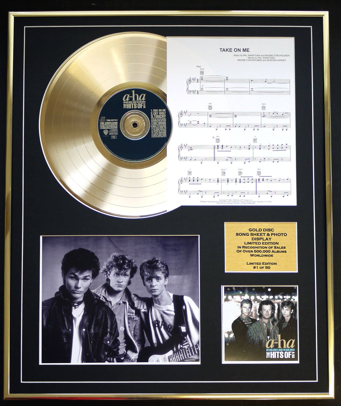 A-HA/CD GOLD DISC, SONG SHEET & PHOTO DISPLAY/LTD. EDITION/COA/ALBUM HEADLINES AND DEADLINES/SONG SHEET TAKE ON ME