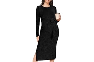 guruixu Crewneck Maternity Sweater Dress Rib Knit Long Sleeve Slit Pregnancy Dress Clothes with Belt