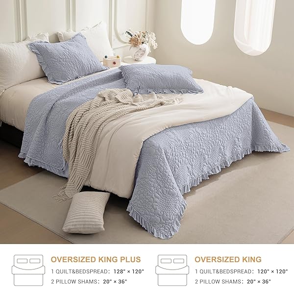 QSH CORNFLOWER BLUE STONEWASHED COTTON OVERSIZED KING QUILT BEDSPREAD SET(128″X120″),3PCS FARMHOUSE RUFFLE BEDSPREAD CALIFORNIA KING,ULTRA SOFT LIGHTWEIGHT CRINKLE QUILT COVERLET WITH PILLOW SHAMS