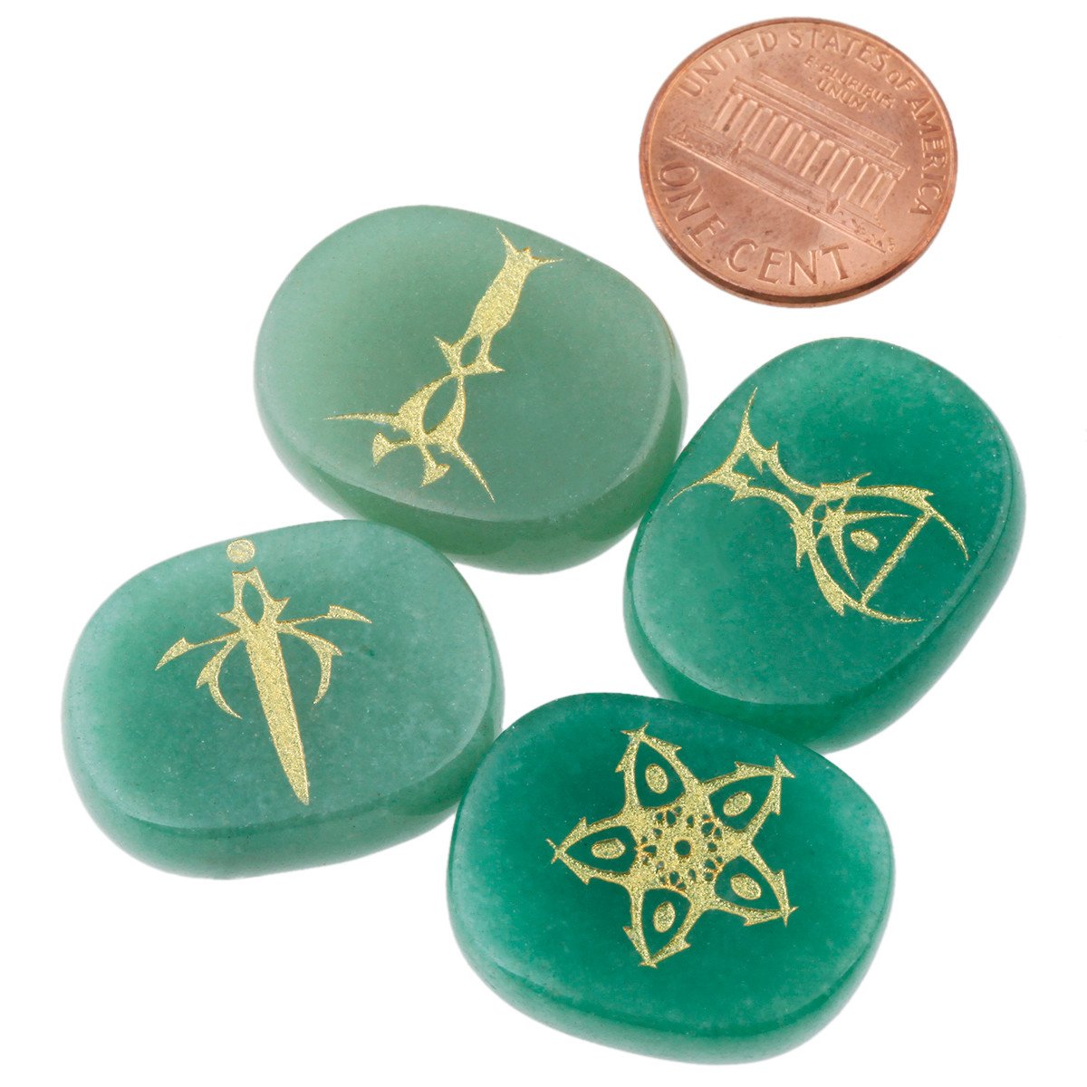 mookaitedecor 4 Piece Green Aventurine Stones Engraved Tarot Symbols Polished Palm Stones for Reiki Crystal Healing