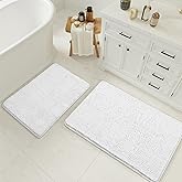 LOCHAS Bathroom Rugs Sets 2 Piece, 17 x 24 Plus 20 x 32 Inches Thick Non Slip Bath Rug Set, Absorbent Soft Chenille Bath Rug, Machine Washable Quick Dry Bath Mat for Bathroom Floor, White