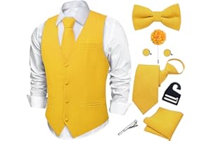 DiBanGu Mens Linen Vest and Zipper Tie Set Formal Dress Vest Pocket Square Holder Lightweight Tuxdeo Waistcoat Wedding 8PCS