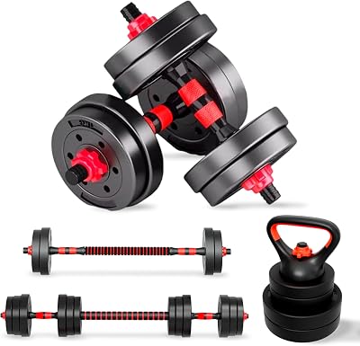 Conjunto de halteres ajustáveis 4 em 1 + kettlebell - 10kg 20kg 35kg - Kit de pesos com barra reta ajustável e antiderrapante - Pesos e halteres revestidos - Conjunto de 10 kg