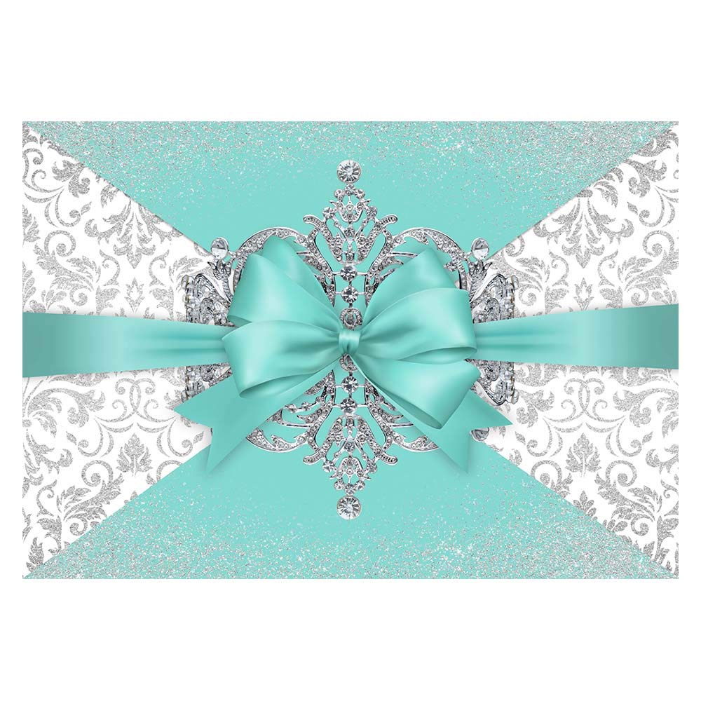 Funnytree 7x5FT Luxury Blue Bowknot Photography Backdrop for Birthday Bridal Shower Wedding Party Banner Diamond Crown Damask Background Photo Booth