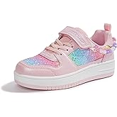 LUCKY STEP Girl's Glitter Sneakers Slip On Hook and Loops Athletic Sparkly Beads Casual Tennis School Party Cute Running Shoes for Children/Girls/Kids