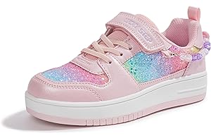 LUCKY STEP Girl's Glitter Sneakers Slip On Hook and Loops Athletic Sparkly Beads Casual Tennis School Party Cute Running Shoes for Children/Girls/Kids