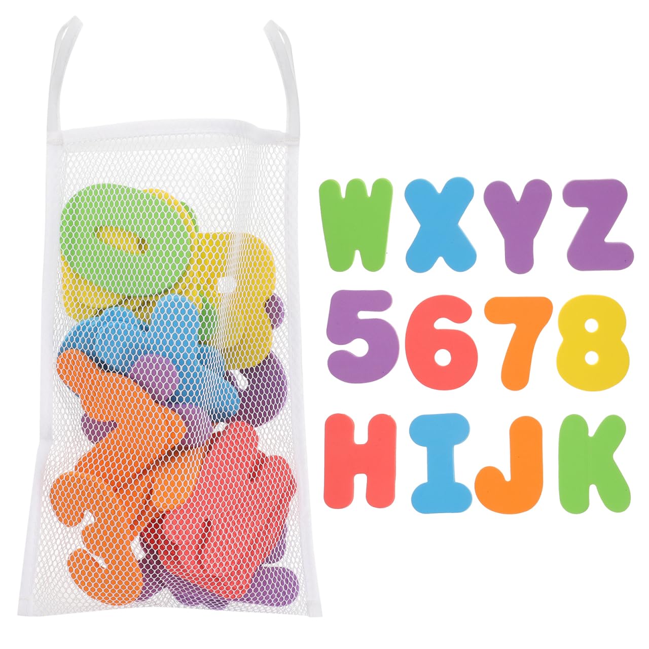Tomaibaby 36Pcs Bath Toy Letters & Numbers with Mesh Storage Net Bag, Bath Toys Organiser Colorful Alphabet Toys for Kids, Foam Alphabet Early Educational Toys for Toddler Kids (With Waterproof Hooks)