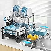 GSlife Large Dish Drying Rack 2 Tier, Expandable Kitchen Dish Drainer for Pots and Pans, 360° Swivel Spout, Rust-Resistant Metal Dish Rack with Utensil & Cup Holder, 16.9" W x 14.4"-22.4" L, Black