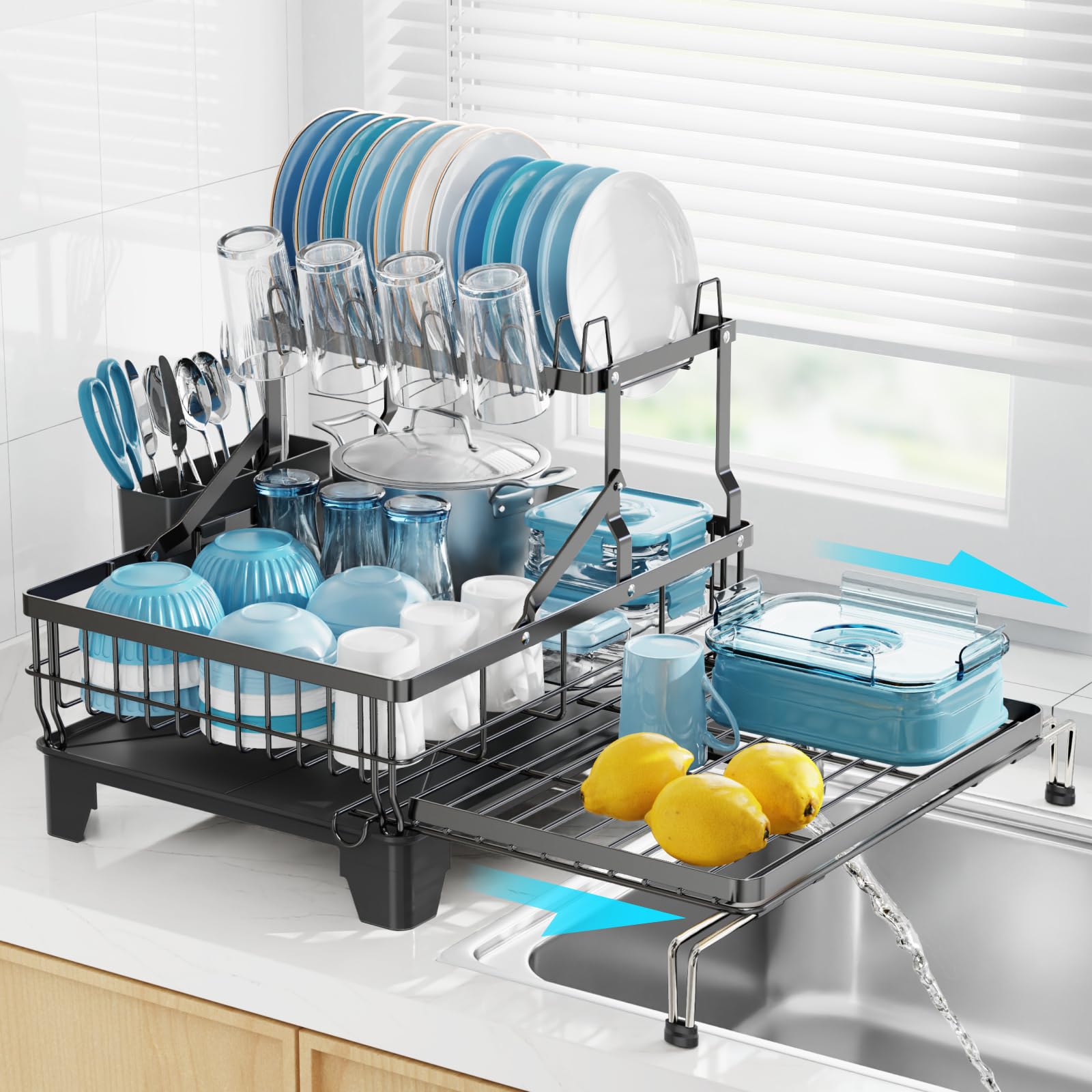 Photo 1 of GSlife Large Dish Drying Rack - Extendable 2-in-1 Dish Racks for Kitchen Counter or Over Sink, 2 Tier Dish Drainer with Drainboard, Cups Holder and Utensil Holder, Black