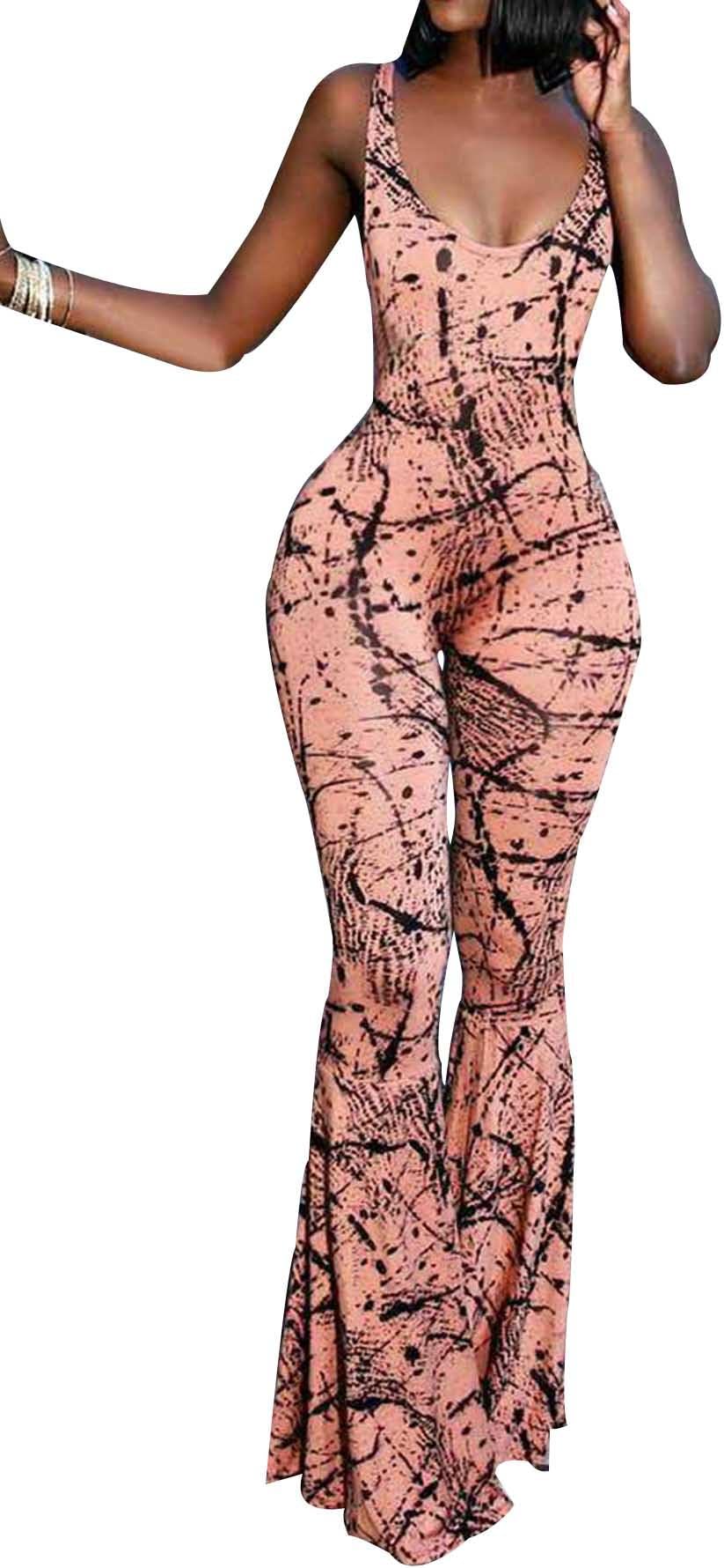 Doqcey Women Tie Dye Floral Print Sling Jumpsuit Long Wide Leg Flare Pants Playsuit Bodycon Rompers