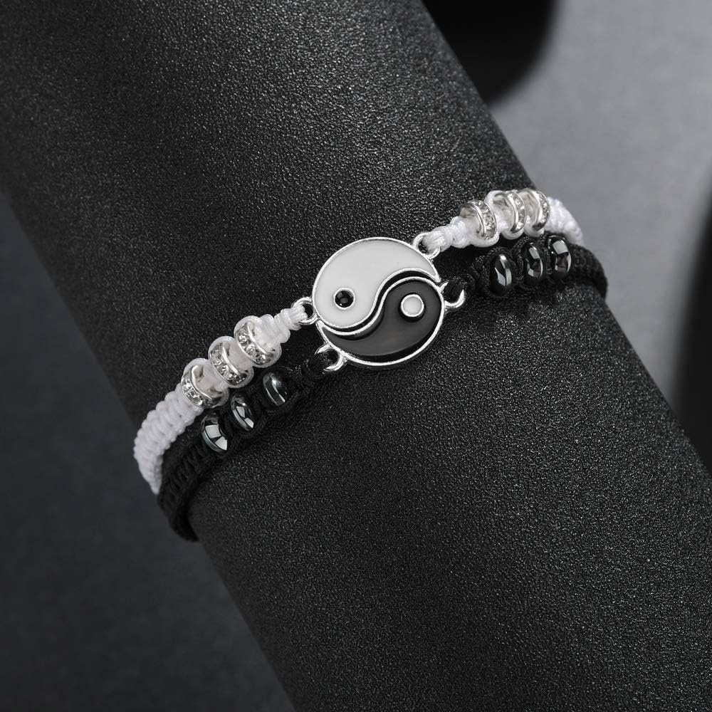 Best Friend Bracelets for 2 Matching Yin Yang Adjustable Cord Bracelet for Bff Friendship Relationship Boyfriend Girlfriend Valentines Gift: Clothing