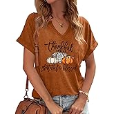 Thanksgiving Shirts for Women V Neck Thankful Shirt Pumpkin Graphic Tshirt Fall Gifts Short Sleeve Tee Tops