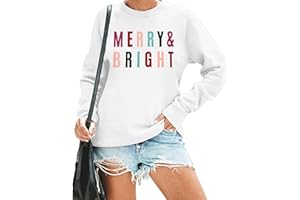 MOUSYA Christmas T-Shirt Women Merry Bright Colorful Letter Printed Sweatshirt Casual Long Sleeve Round Neck Pullover Tops