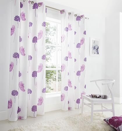 Purple Lined Voile Eyelet Curtains Ready Made Ring Top Curtain
