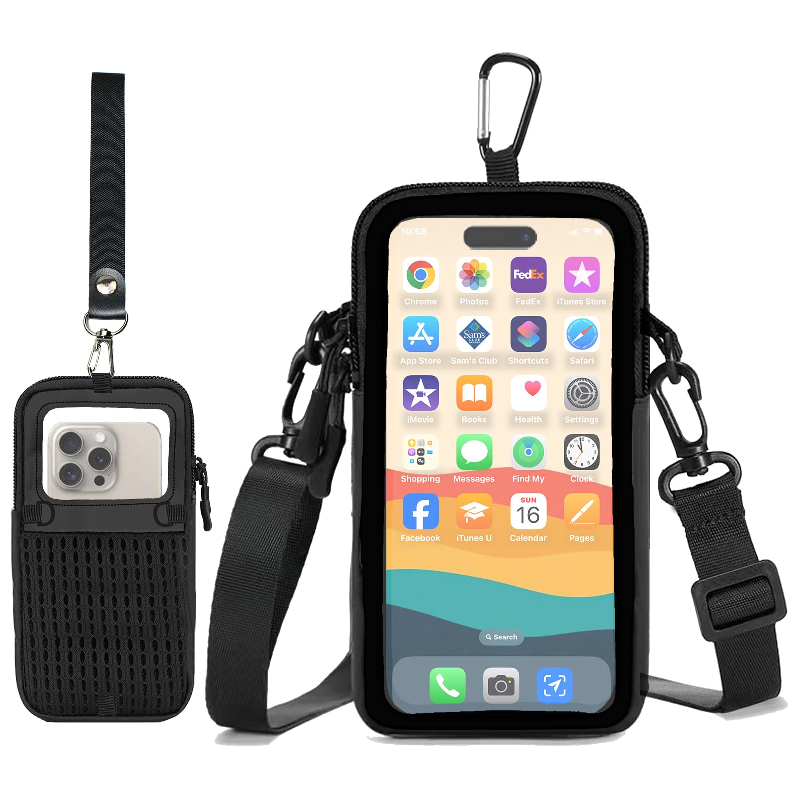 Photo 1 of Prime Comfort Cell Phone Sleeve Pouch Case Bag with Adjustable Crossbody Strap and Wrist Strap, Touchscreen-Friendly Clear Cell Phone Purse Bag with Carabiner for Men Women (Clear Black- A)