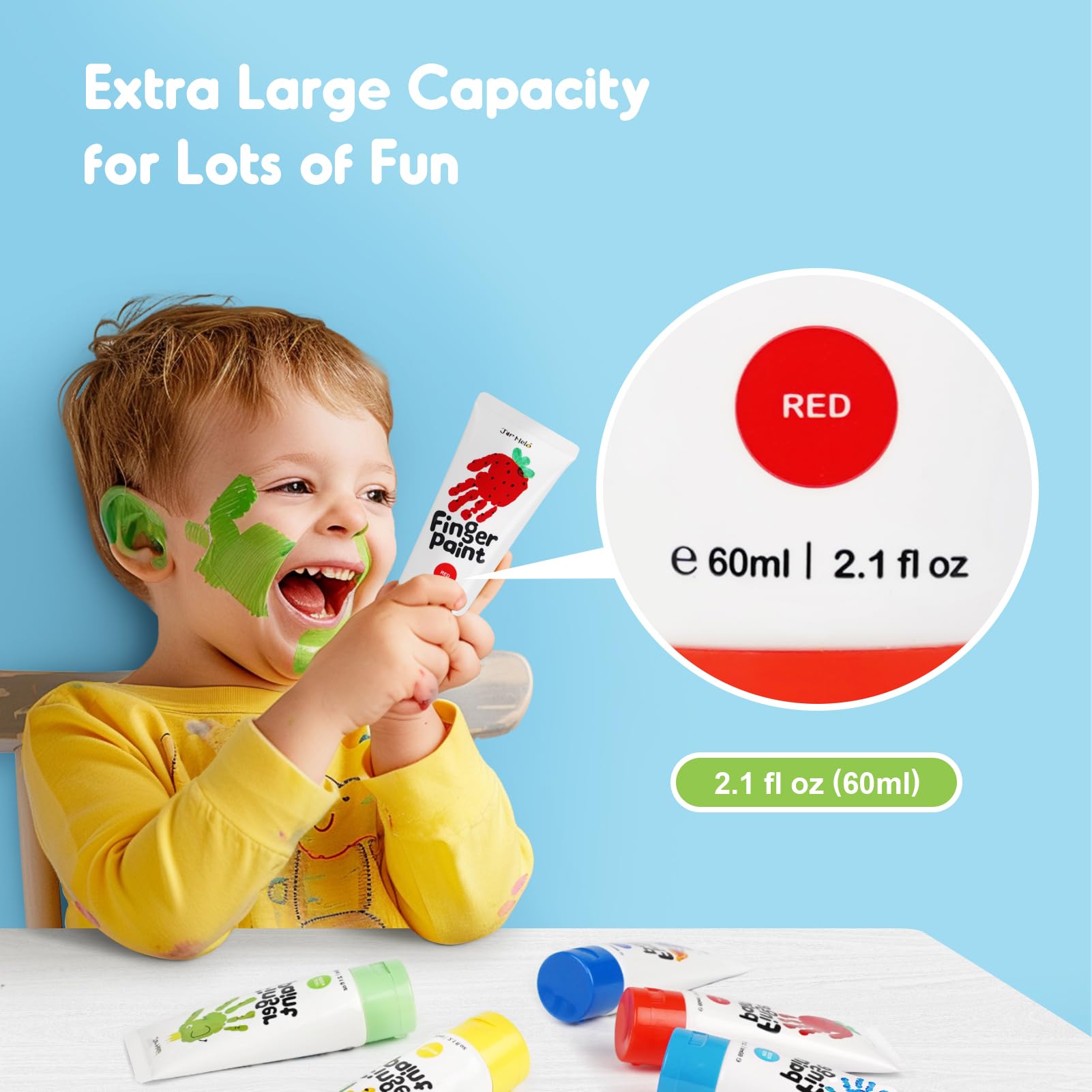 Jar Melo Washable Finger Paints for Toddlers, 7 Colors Large Capacity (2.1fl oz), Non Toxic Baby Paint for Hand and Feet, Safe Art Supplies, Preschool Learning Gifts for Kids Age 2+
