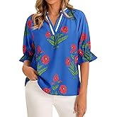 Cicy Bell Womens Boho Floral Blouses Puff Ruffle Sleeve V Neck Summer Shirts Dressy Casual Flowy Blouse Tops