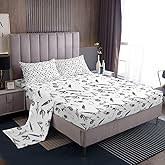 Hunt Fishing Bed Sheets Twin Size,Sketch Black White Fishhooks Print Bedding Set 3Pcs for Kids Boys Men Adult Bedroom Decor,Hunting Fish Fitted Sheet Modern Soft Top Flat Sheet,1 Pillowcase