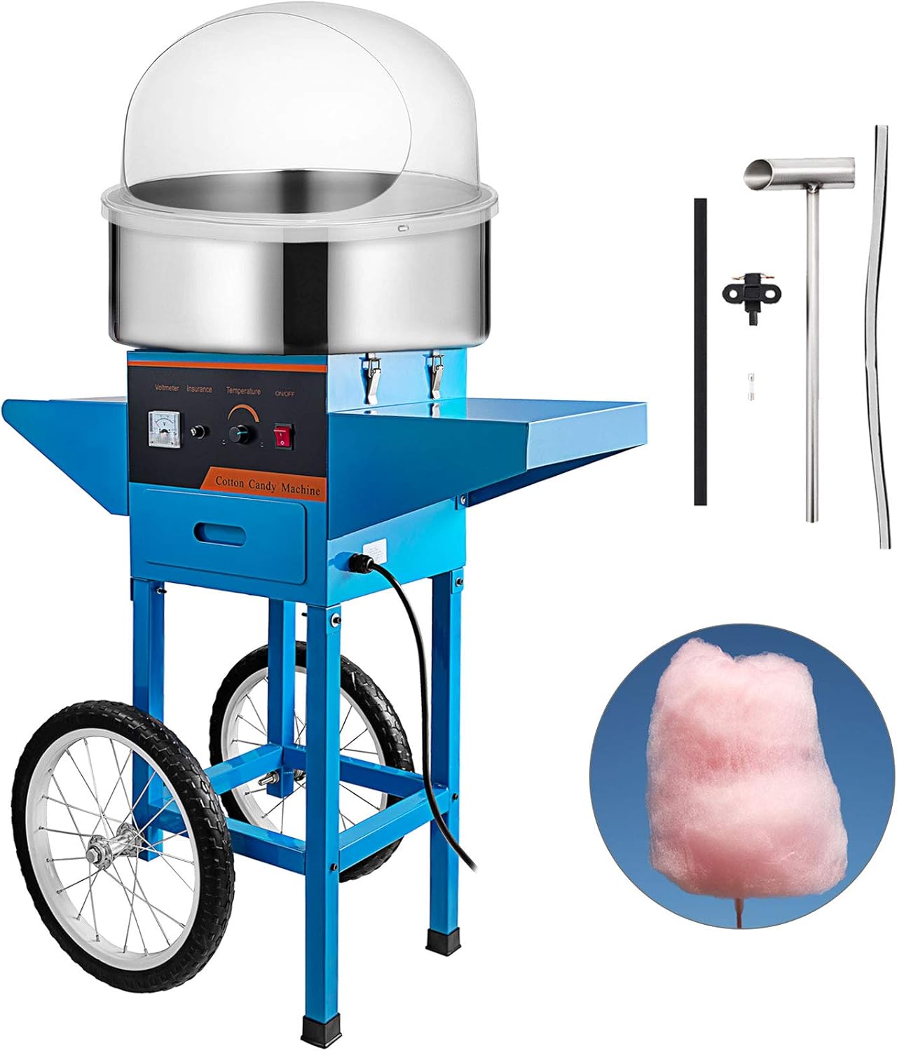 VBENLEM Cotton Candy Machine Commercial with Bubble Cover Shield and Cart Cotton Candy Machine Candy Floss Maker Blue 1030W Electric Cotton Candy Maker Stainless Steel for Various Parties