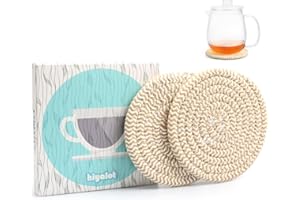HIYALOT 4.8" Drink Cotton Coasters Set of 2 – Boho Woven Drink Pads for Coffee & Tea, Neutral Sandstone Blend Fabric Cup Mats for Desk, Table, Nightstand, Dorm, Giftable Absorbent Coaster Set