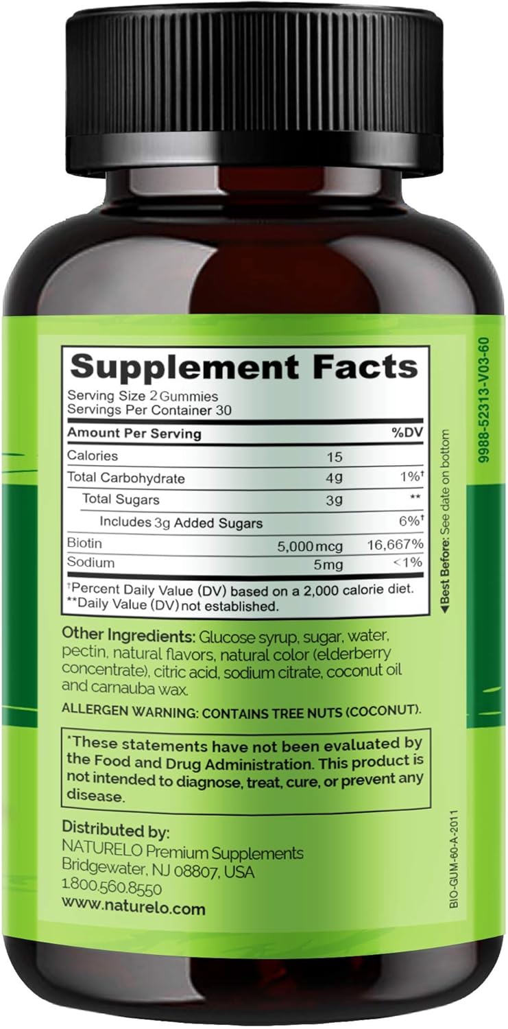 NATURELO Biotin Gummies - Supports Healthy Hair, Skin & Nails - High Potency 2500 mcg - Non GMO, Gluten Free - 60 Gummies: Health & Personal Care