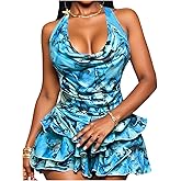 Verdusa Women's Boho Starfish Backless Draped Halter Dresses Ruffle Layered Mini Dress Rave Outfits