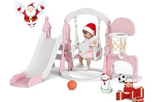 XJD 6-in-1 Toddler Slide and Swing Set, Kids Slide for Toddlers Age 1+, Toddler Outdoor Playset with Basketball Hoop, Football Frame, Swing, Outdoor Indoor Playground for Toddlers 1-3 (Pink)