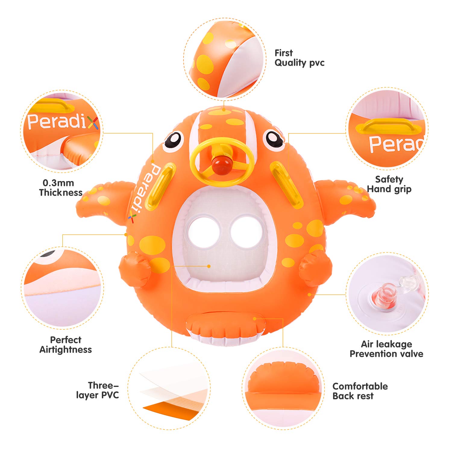 Peradix Flotadora para bebés 6meses-3 Años Barco Inflable Flotador con Sombrero para el Sol y Asiento Respaldo Techo Ajustable Juguetes de Desarrollo de Natación en Agua para Niños (Naranja)