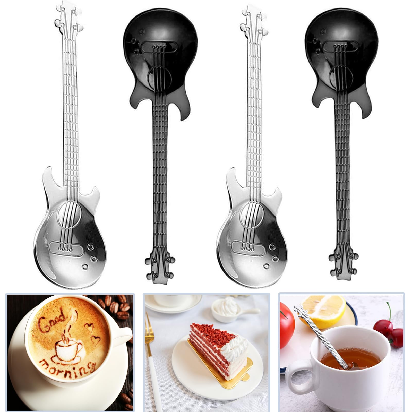 4 Pcs Guitar Spoons, Stainless Steel Coffee Spoon, Dessert Mini Sugar Spoons, Demitasse Spoons Dessert Spoons Tea Scoop Set for Stirring Drink Mixing Milkshake Jam Ice Cream Espresso Hot Chocolate