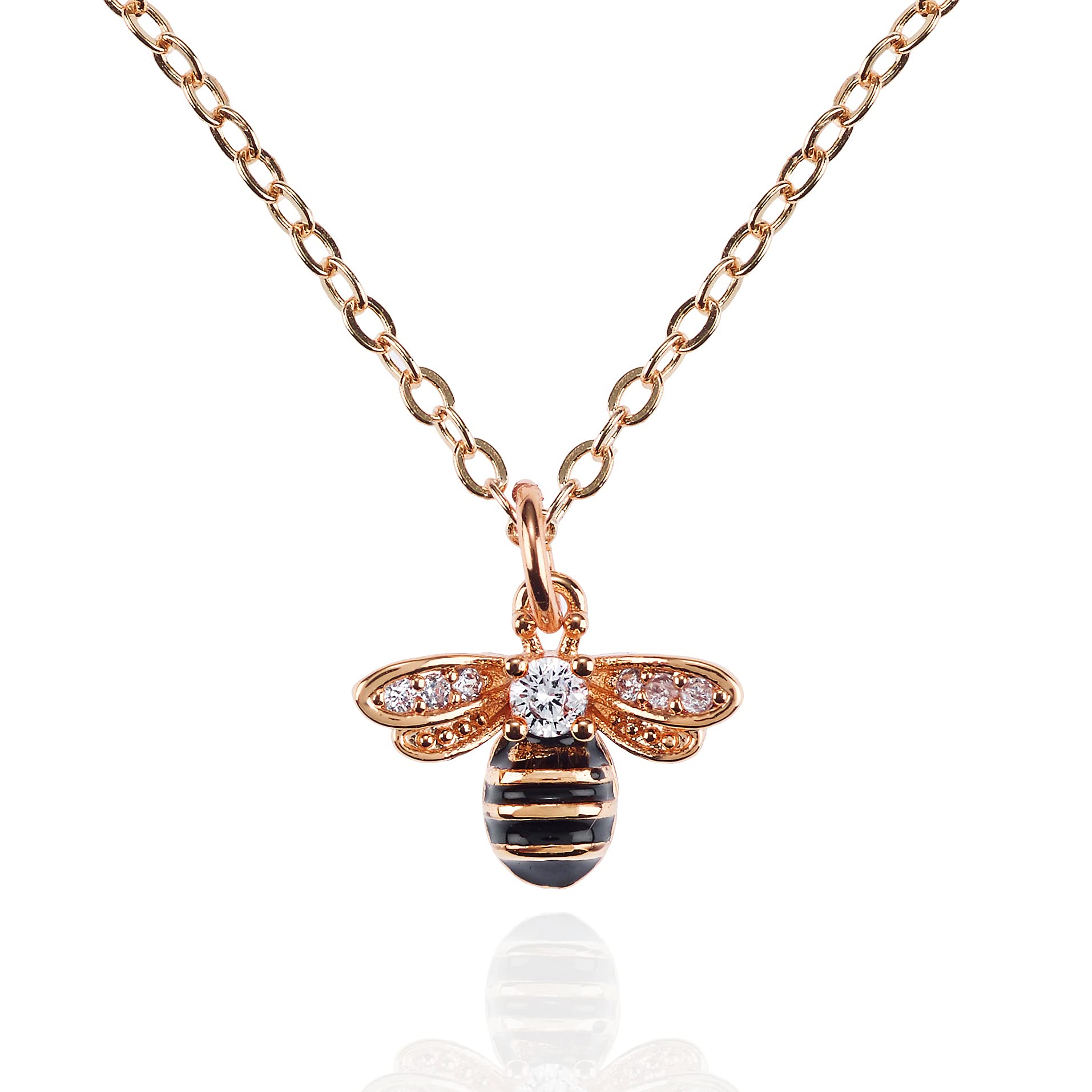 namana Rose Gold Bumble Bee Necklace for Women and Teenage Girls, Rose Gold Pendant Necklace with Cubic Zirconia and Black Enamel, Honey Bee Jewellery Gifts for Women