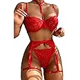 Lilosy Sexy Choker Floral Lace Underwire Push Up Garter Belt Lingerie Set for Women Sheer Bra and Panty 3 Piece