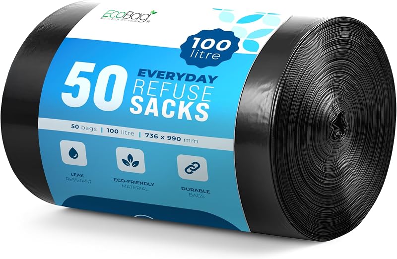 EcoBag 50 Pack Refuse Sacks 30µm 100L Recyclable Leak Resistant Durable