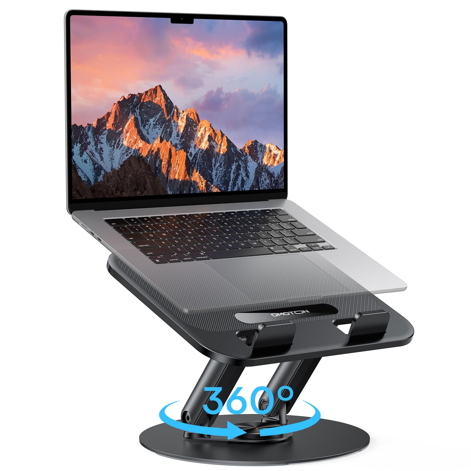 Photo 1 of OMOTON Laptop Stand for Desk with 360° Rotating Base, Ergonomic Laptop Riser for Collaborative Work, Easy Storage, Fits MacBook/All Laptops up to 14 inches, Black