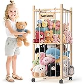 Stuffed Animal Storage: Wood Plush Toy Organizer, Stuffed Animal Zoo with Mesh Net, Stuffed Animal Holder with Brake Wheels, Space Save Stuffed Animal Cage for Kids Room Playroom Nursery Bedroom