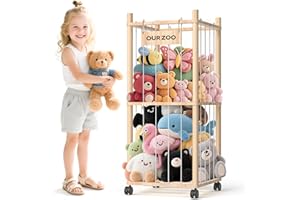 Stuffed Animal Storage with Mesh Net, Plush Toy Organizer with Wheels, Space-Saving Stuffed Animal Zoo for Kids Room or Nurse